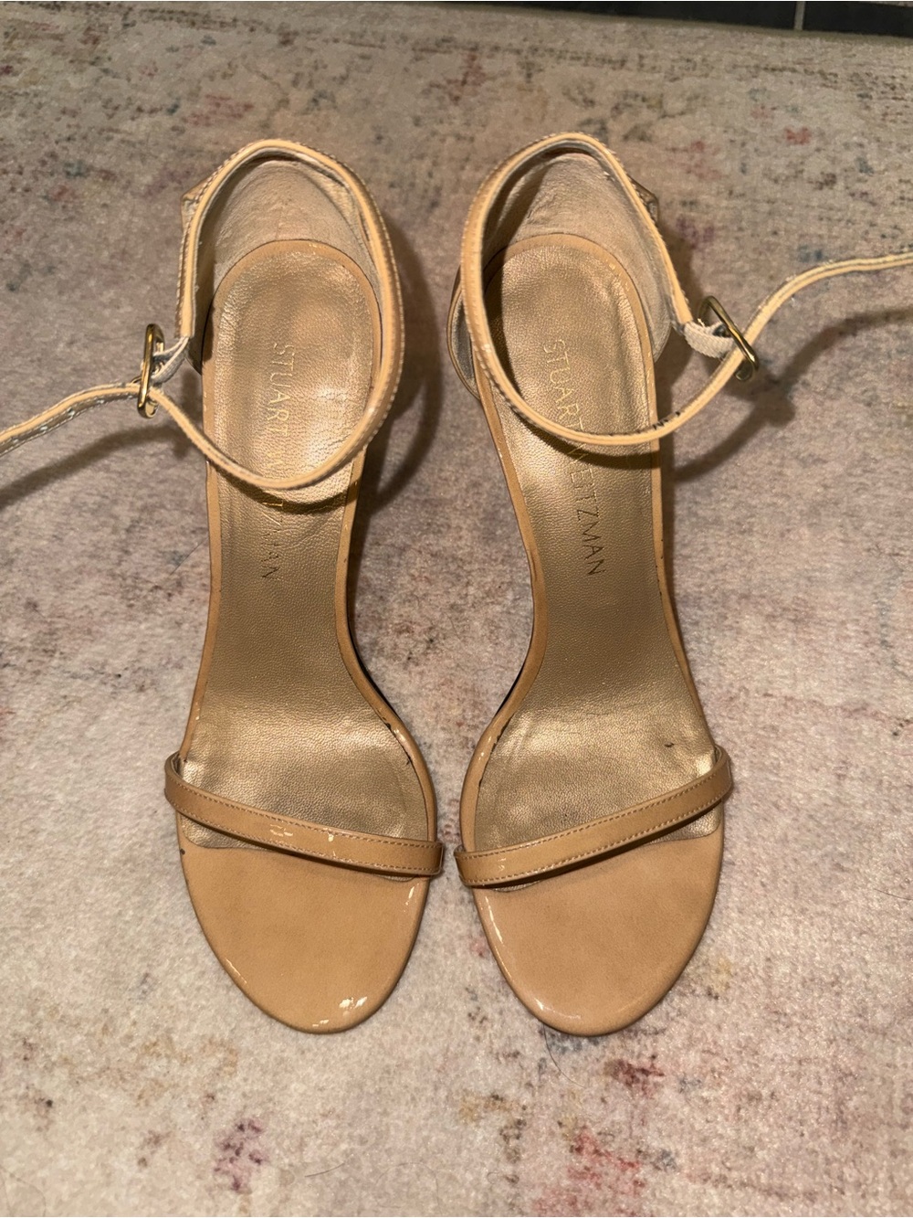 Stuart Weitzman Beige Nude Ankle-Strap Patent Leather Sandals